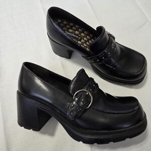 Vtg Y2K Black Faux Leather Chunky Heeled Loafers Lug Jazzberry Punk Goth‎ Sz 7